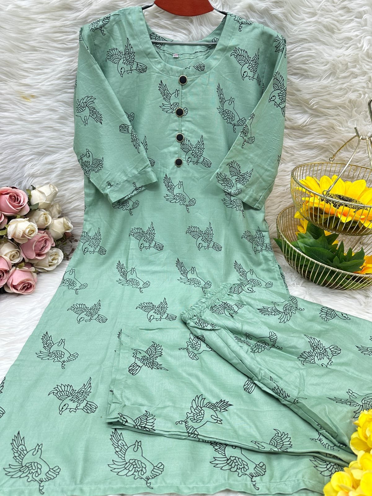 কামিজ স্টাইলের পাখি প্রিন্টের টু-পিস - Image 2